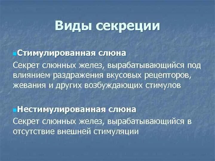 Стимулированная слюна. Виды секреции слюны. Понятие о стимулированной слюне. Состав стимулированной слюны.