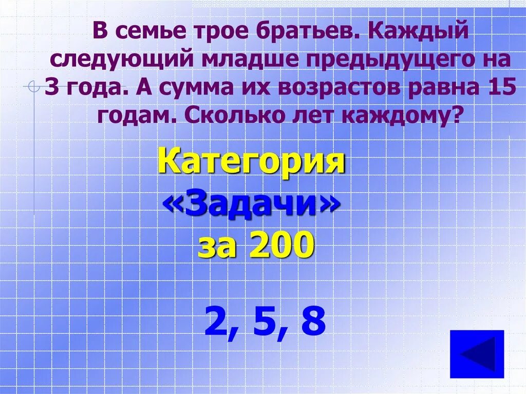 Предыдущая 1 следующая. В семье трое братьев каждый следующий. Сумма возраста. В семье трое братьев и каждый следующий брат вдвое младше предыдущего. Молодая семья на троих сумма.