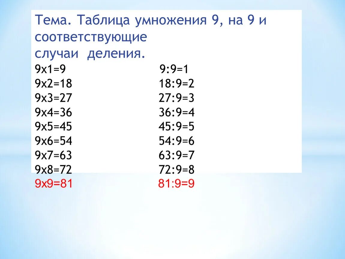 18 разделить на 2 ответ. Соответствующие случаи деления. Таблица умножения иделегния на 9. Таблица деления на 8. Таблица умножения и деления на 9.