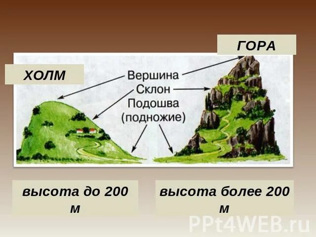 Холмы окружающий мир. Высота холма и горы. Холм окружающий мир. Формы земной поверхности холм и гора. Схема гор по высоте.