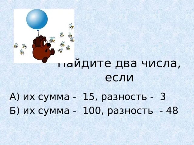 100 Разность. Сумма двух чисел 48, а разность 8. Найди два числа их сумма равна 15 а разность 3. Сумма 48 разность - 16. Разность 2 чисел равна 56