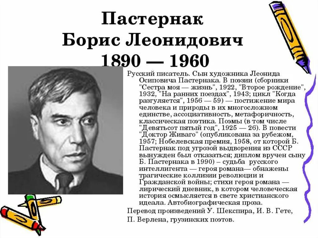 Биография Бориса Леонидовича Пастернака для 4 класса. Автобиография Бориса Леонидовича Пастернака. Пастернак русский