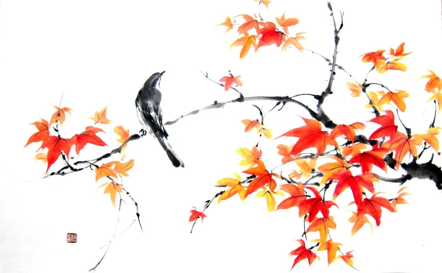 На ветки клена сели птицы. Суйбокуга японская живопись. Клен в японской живописи. Китайская живопись клен. Японские иллюстрации осень.