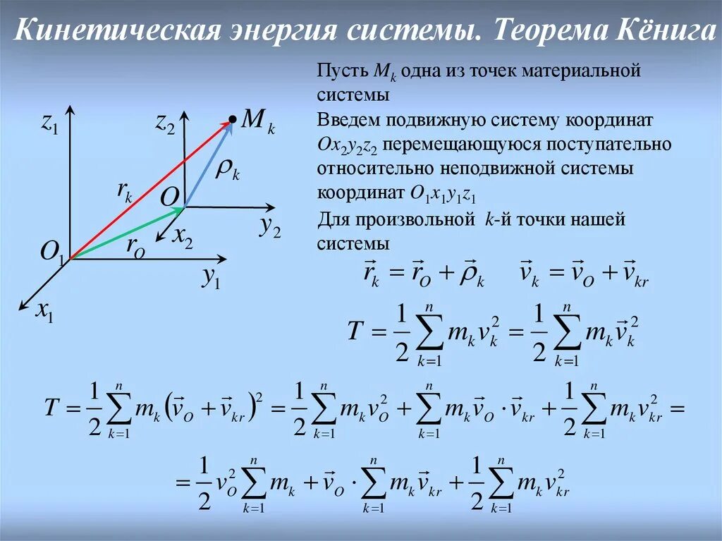 Теорема о кинетической энергии. Теорема Кёнига для кинетической энергии. Теорема об изменении кинетической энергии системы. Теорема Кёнига для кинетической энергии доказательство. Вектор кинетической энергии