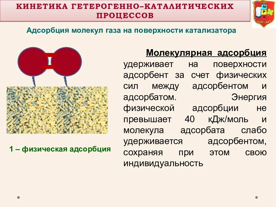 Гетерогенный каталитический процесс. Физическая и химическая адсорбция. Адсорбция на поверхности неорганических катализаторов. Кинетика процесса адсорбции. Молекулярная адсорбция