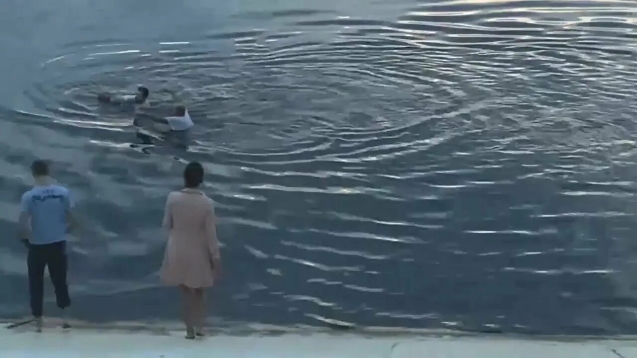 Чуть свалиться. Прыгнул в воду. Девушки купаются в озере. Человек плавает.