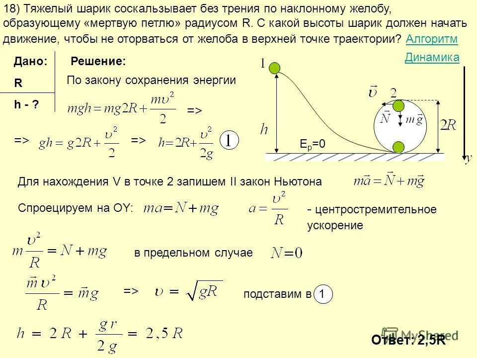 Свободно падающий шарик массой. Шарик скатывается по наклонному желобу. Начальная скорость шарика. Радиус мертвой петли.