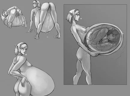 zara, belly, belly button, big belly, breasts, creature inside, elf, female...