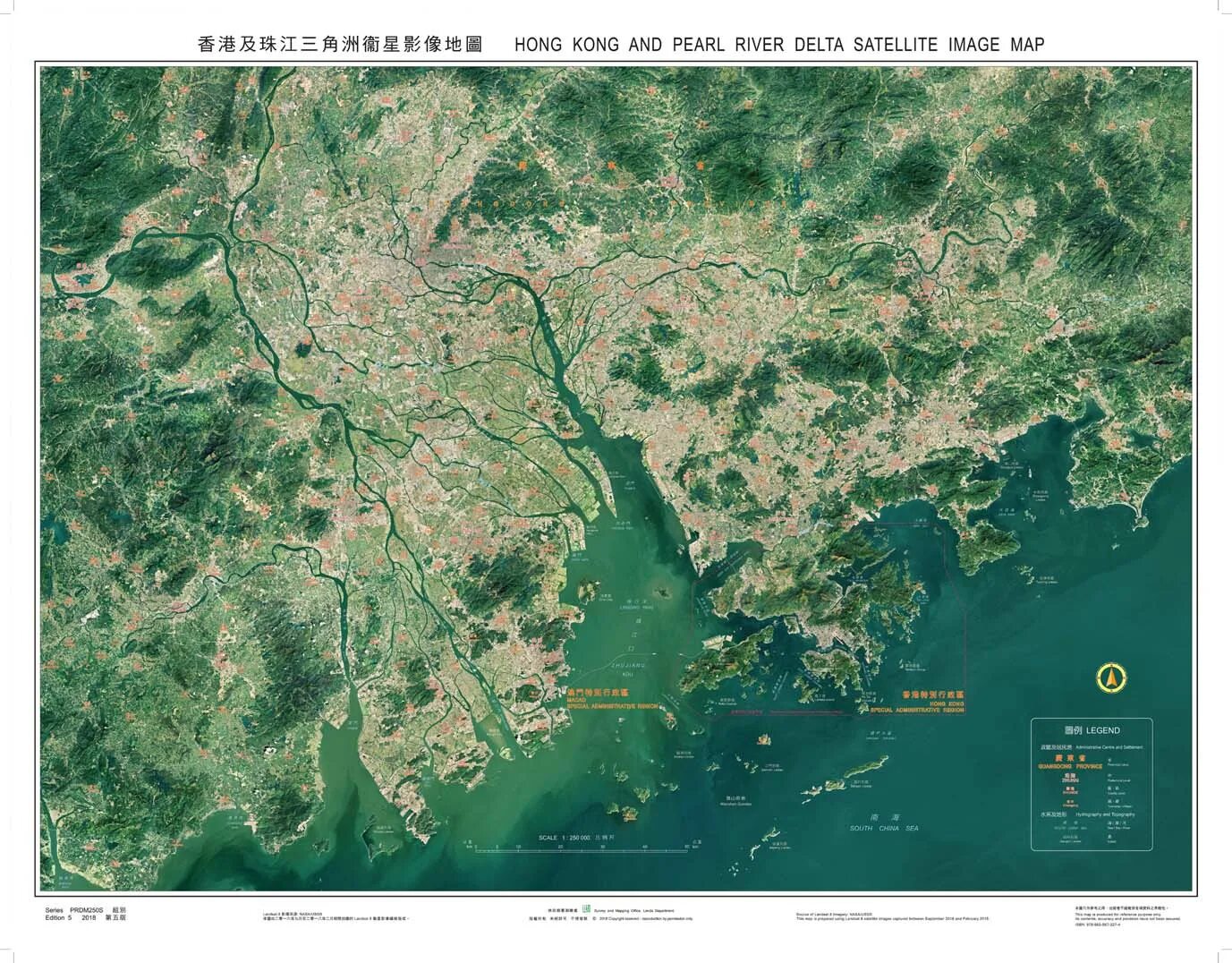 Satellite view map. Pearl river delta. hk satellite.