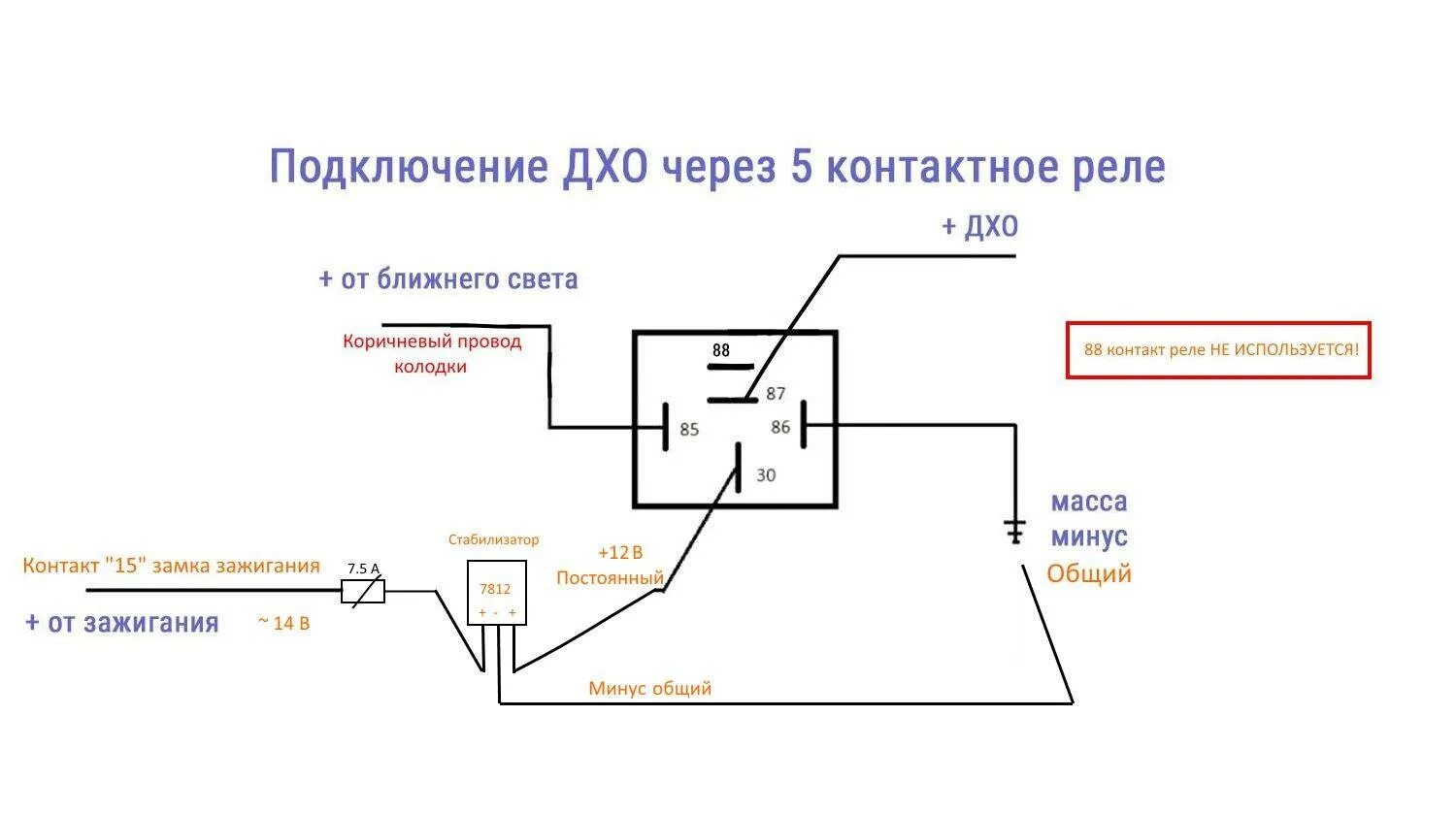 Схема подключения ходовых огней через реле схема. Схема подключения 5 контактного реле дневные ходовые огни. Схема включения ходовых огней на ВАЗ 2114. Схема подключения реле на ходовые огни от генератора.