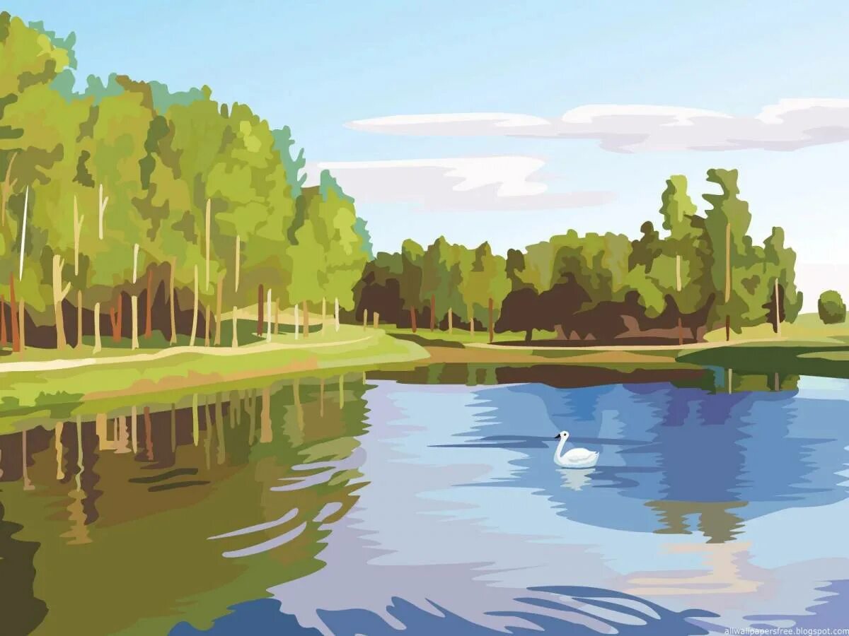 Картина по номерам Лебединое озеро. Речка рисунок. Мультяшные пейзажи. Пейзаж для детей.