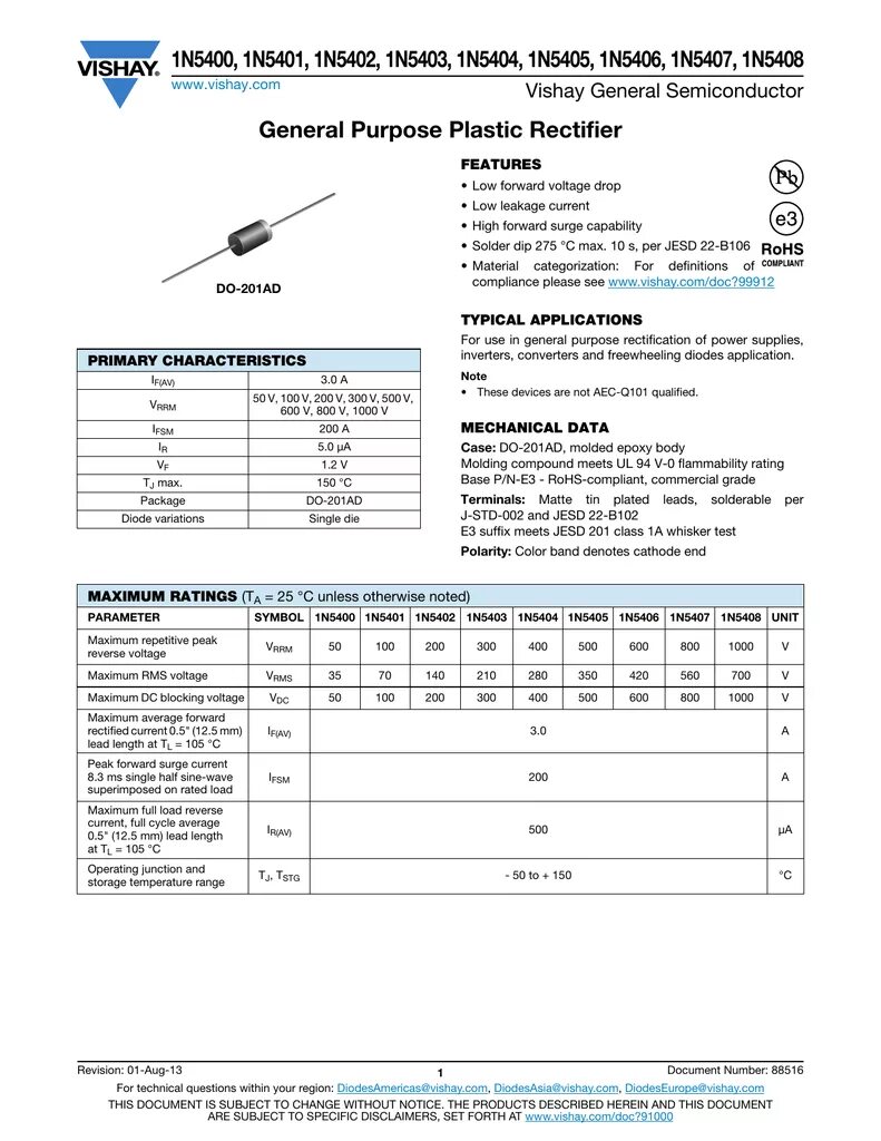 Диод частота. Диод Vishay General Semiconductor 1n5408 в. N5400 диод характеристики. In5401 диод характеристики. Диод 1n5400 даташит.