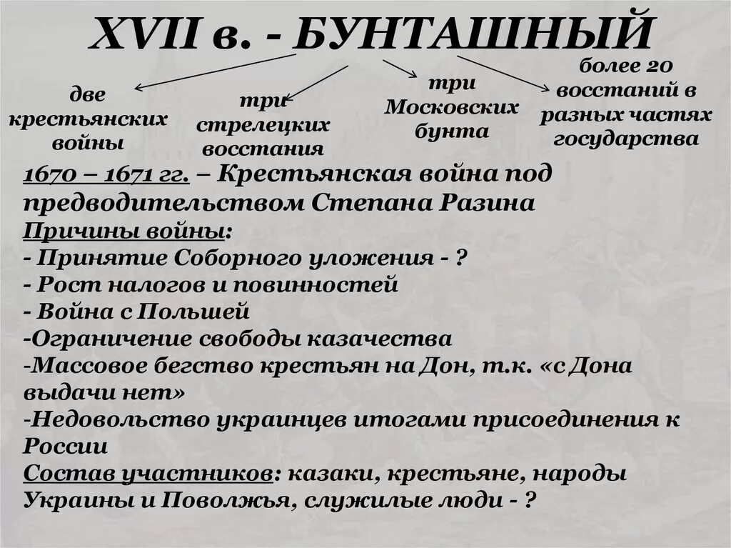 Контрольная работа бунташный век 7 класс. 17 Век Бунташный век таблица. XVII Бунташный век таблица. Бунташный век итоги кратко. Причины восстаний бунташного века.