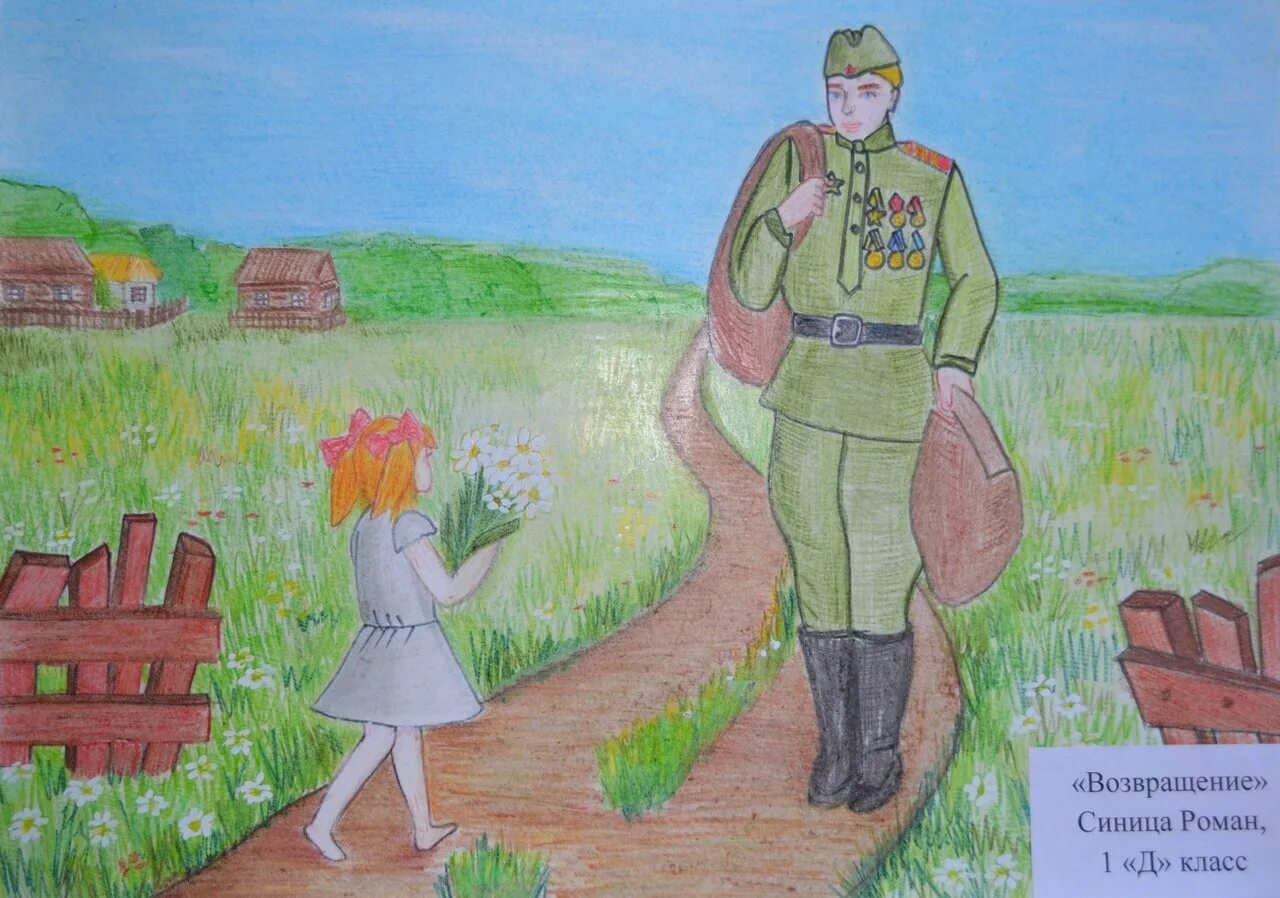 Вернулась домой с сороками плакатами. Рисунок солдату. Возвращение солдата рисунок. Воин рисунок. Рисунок про войну.