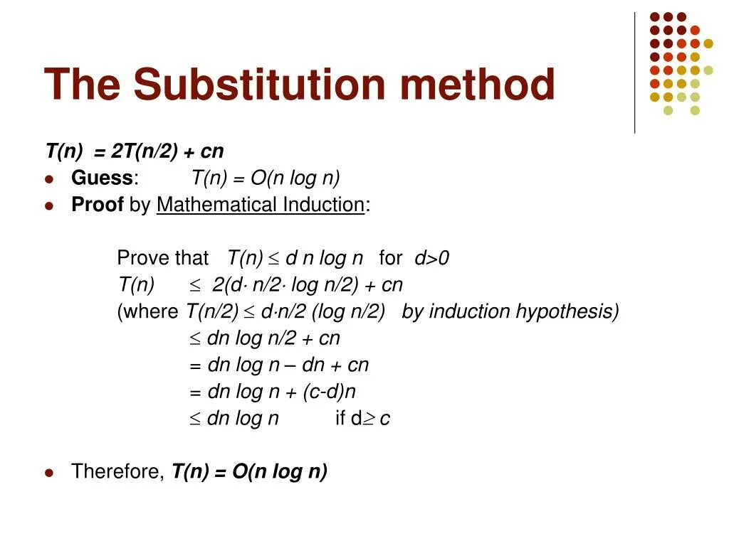 2 substitution. Substitution method. mathematical induction. logn. n2 injection method.