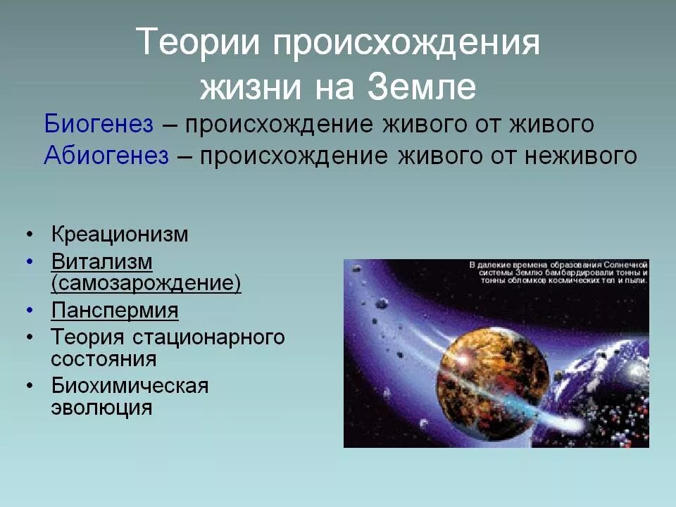 Теории зарождения жизни на земле. Гипотезы происхождения жизни на земле. Возникновение жизни на земле. Теории возникновения жизни на земле.