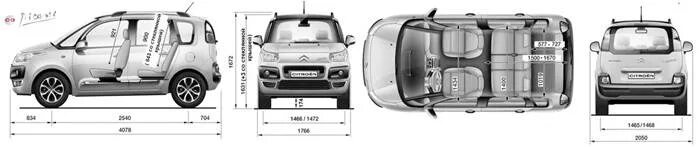 Ситроен с3 пикассо. Ситроен с3 пикассо 2010 габариты. Габариты ситроен с3 пикассо. C3 picasso-09 rd/lh. Ситроен с3 2011 габариты клиренс.