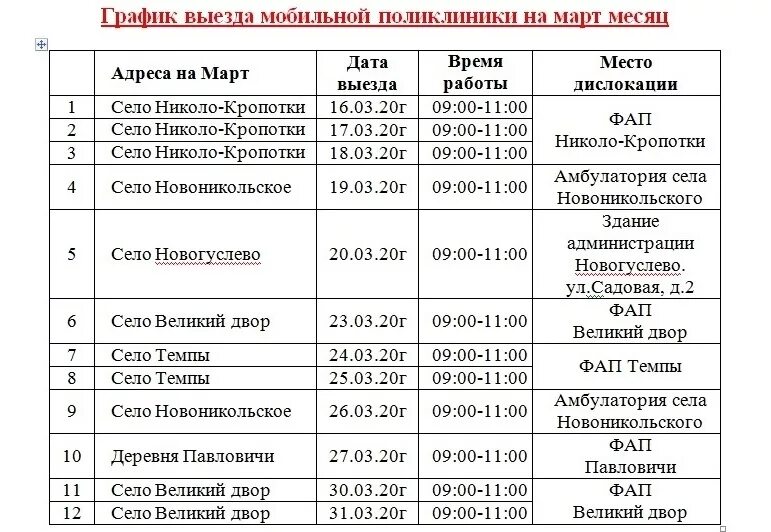 Расписание фабричный марково. График выездов. График выездов в районы. Режим работы ФАПА. График выезда врачей.