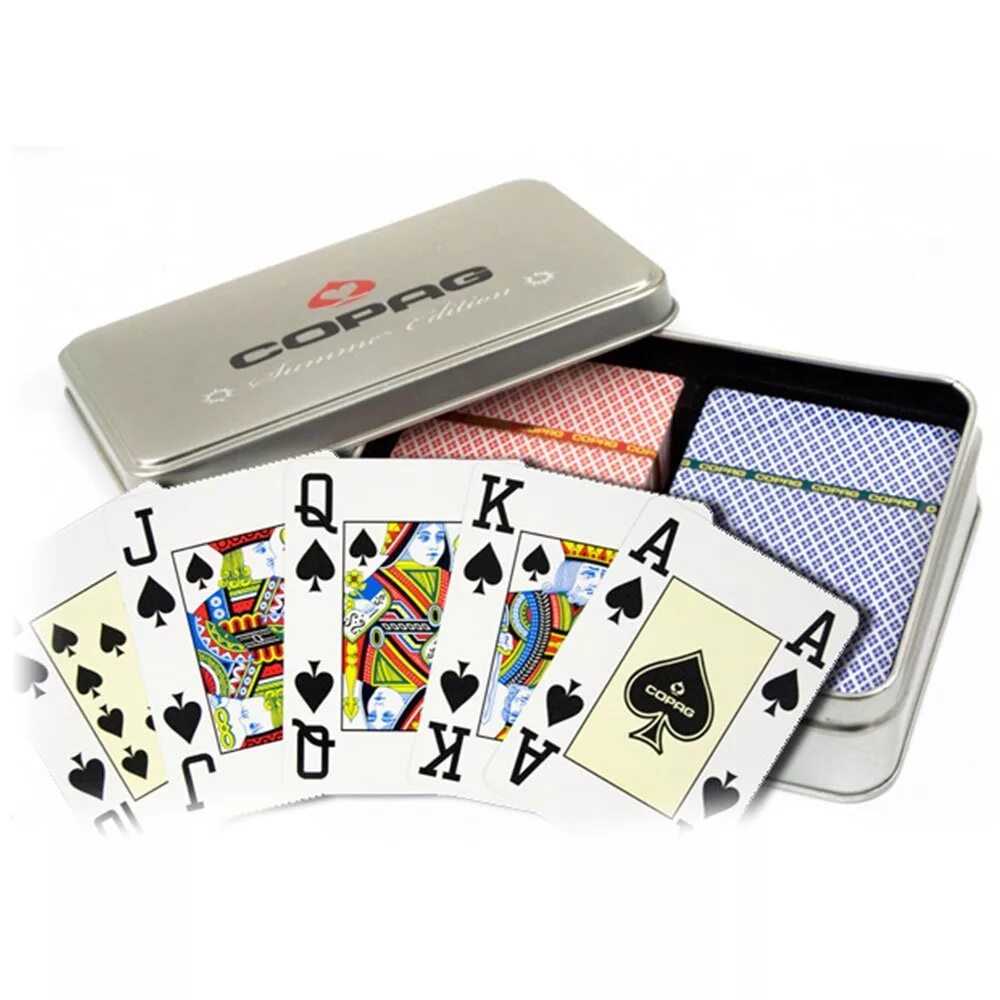 Комплект карт "Copag WSOP Poker Jumbo Index Double Deck Red / Black". Комплект карт "Copag Centennial Decks". Карты Copag. Карты в металлической коробке.