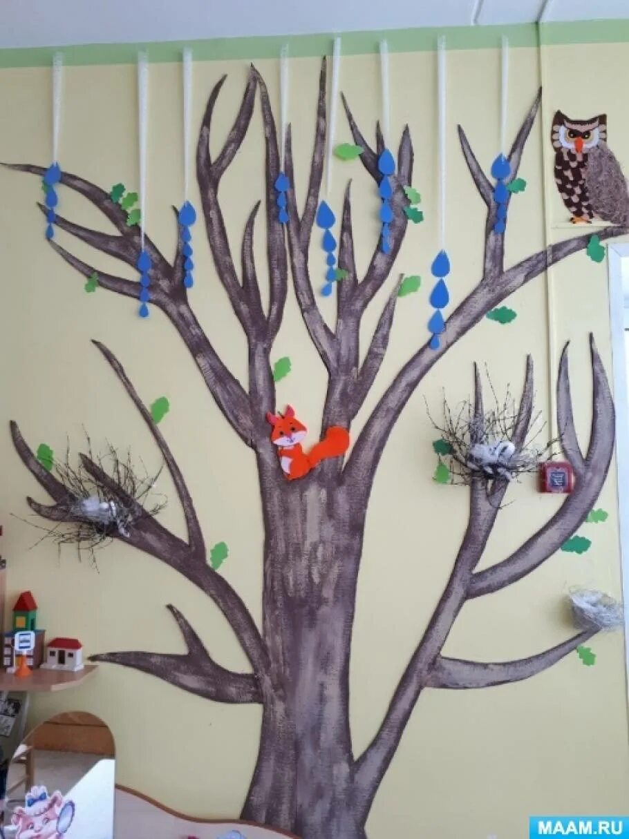 Дерево в доу в группе. Генеалогическое дерево для детей в детском саду средняя группа. Украшения дерево для группы в детском саду. Украшение стены в детском саду весна. Украсить стену в детском саду.