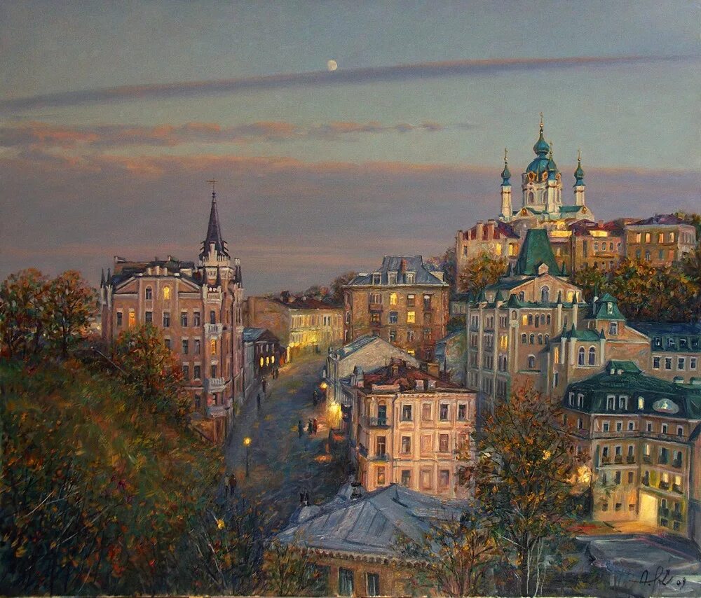 белая гвардия андреевский спуск. андреевский спуск картина. андреевский спуск в киеве. киев в живописи. старый киев , андреевская церковь пейзаж.