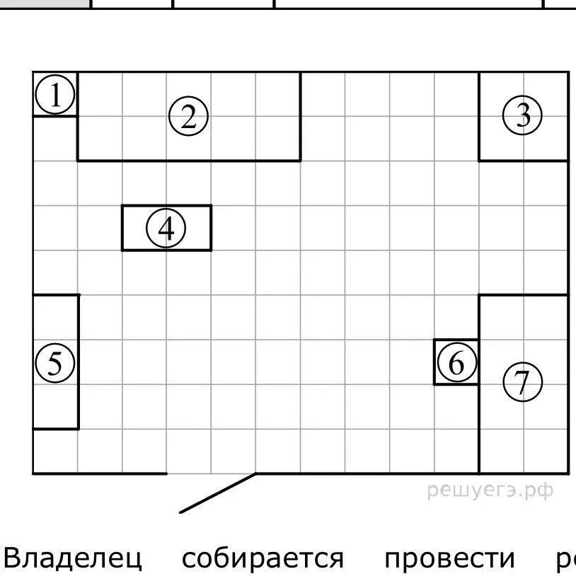 Владелец собирает провести ремонт своей квартиры. На плане изображена предполагаемая расстановка мебели в гостиной. Владелец собирается провести ремонт своей квартиры на плане. Найдите площадь той части гостиной. Клетка для расстановки мебели.