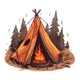 Campfire Tent Vector, Sticker Clipart Cartoon Illustration Of A Campsite With Fi