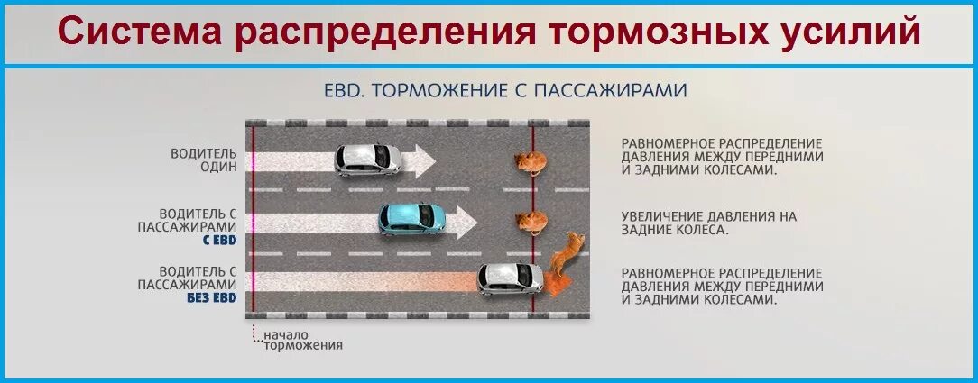 Распределение тормозного усилия на автомобили. Система распределения тормозных усилий.  Система распределения тормозных усилий или ebd. Распределение тормозного усилия при торможении.