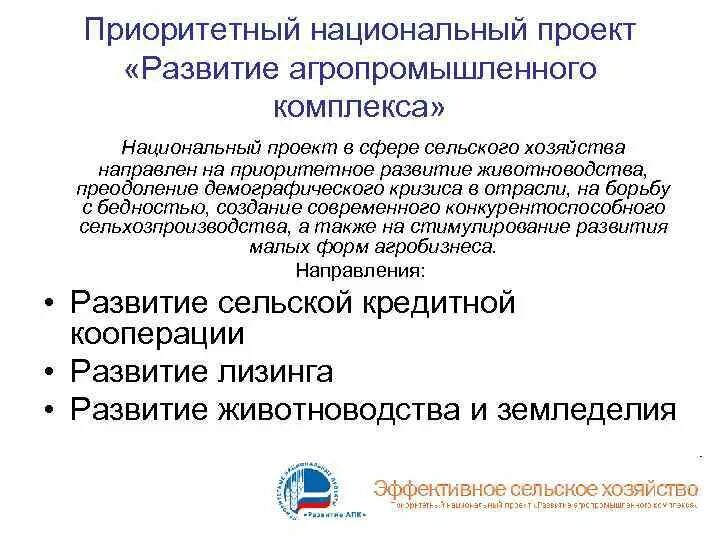 Формирование приоритетных национальных проектов Национальный проект развитие апк