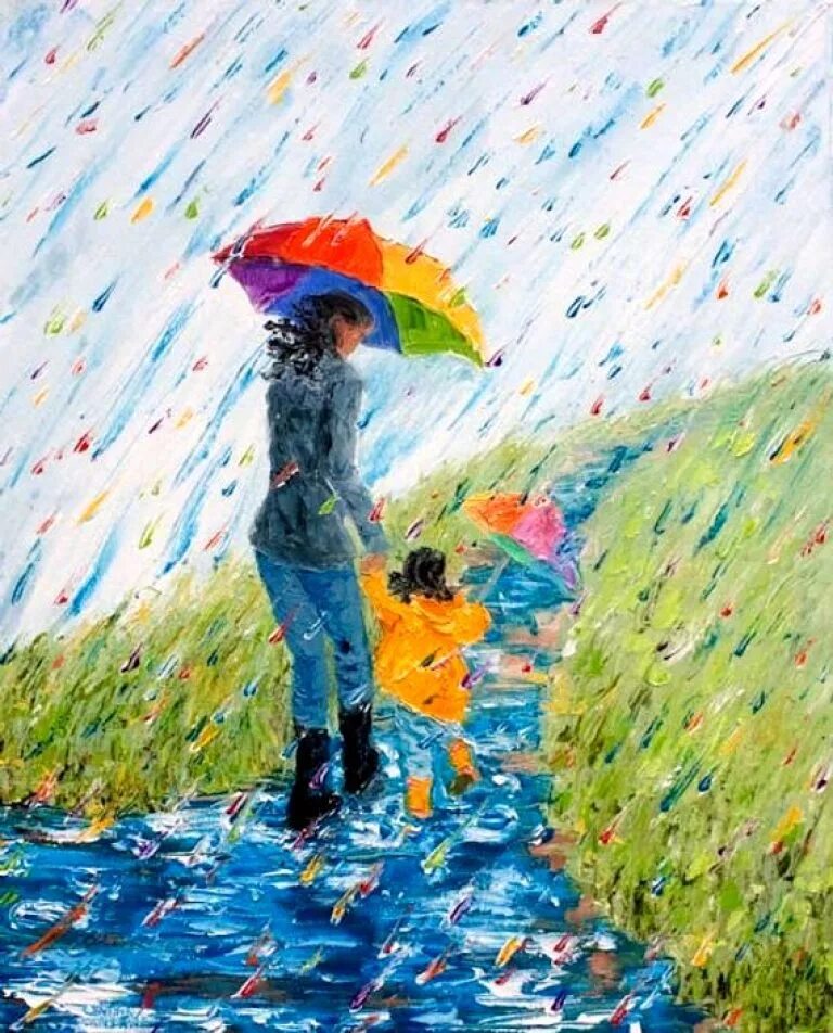 Дождик мама. Рисование под зонтом. Дождь рисунок. Картина дождь. Разноцветные зонтики живопись.