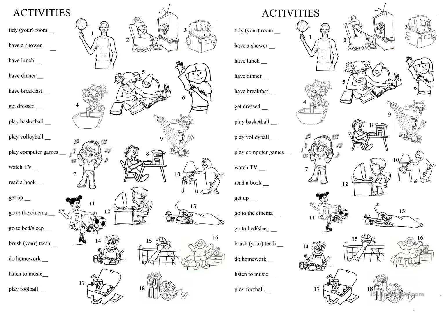 Лексика работа на английском. Daily activities задания. Hobby задания по английскому. Задание activities for children.