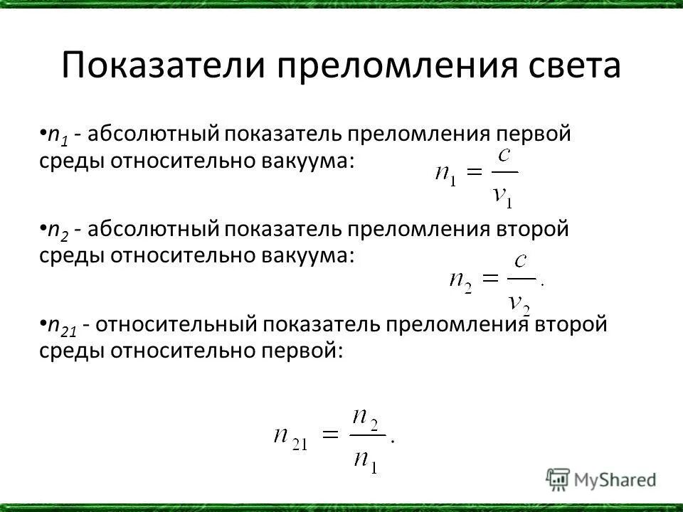 Абсолютное и относительное преломление