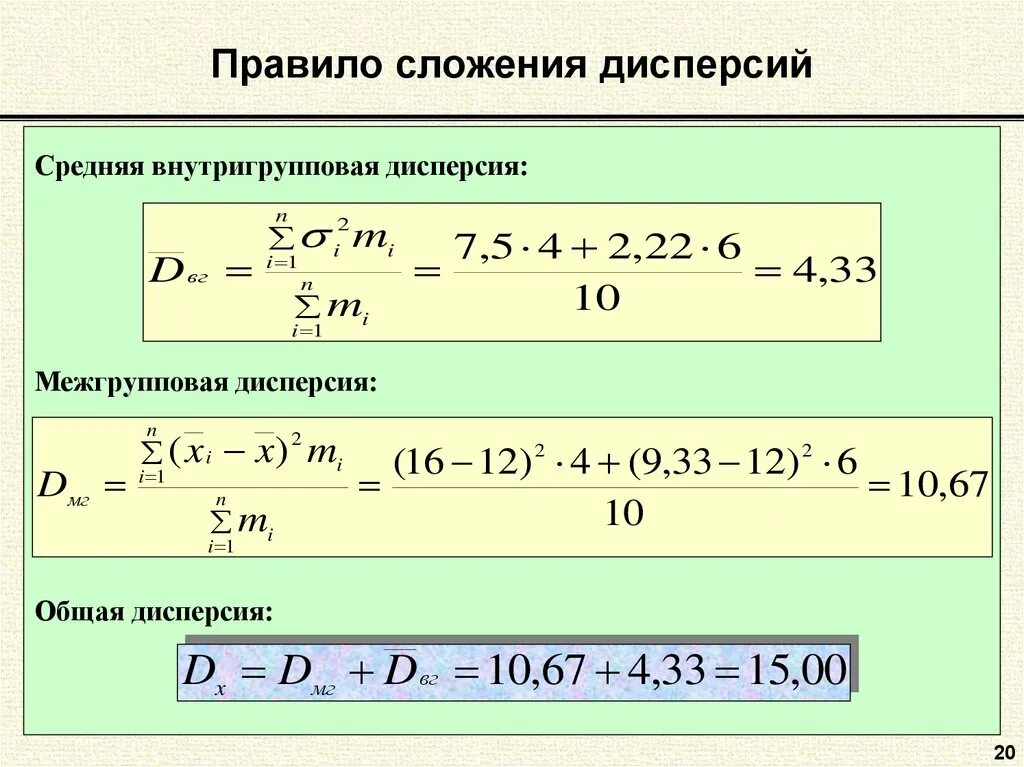 Сложение дисперсий в статистике. Правило дисперсии. Формула межгрупповой дисперсии в статистике. Правила сложения дисперсий. Сложение дисперсий в статистике.