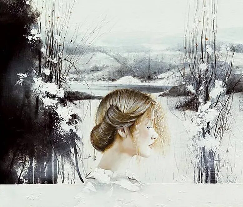 Идешь зимой по полю тишина. Художник Gigino Falconi. Женщина зимой живопись. Девушка зима живопись.