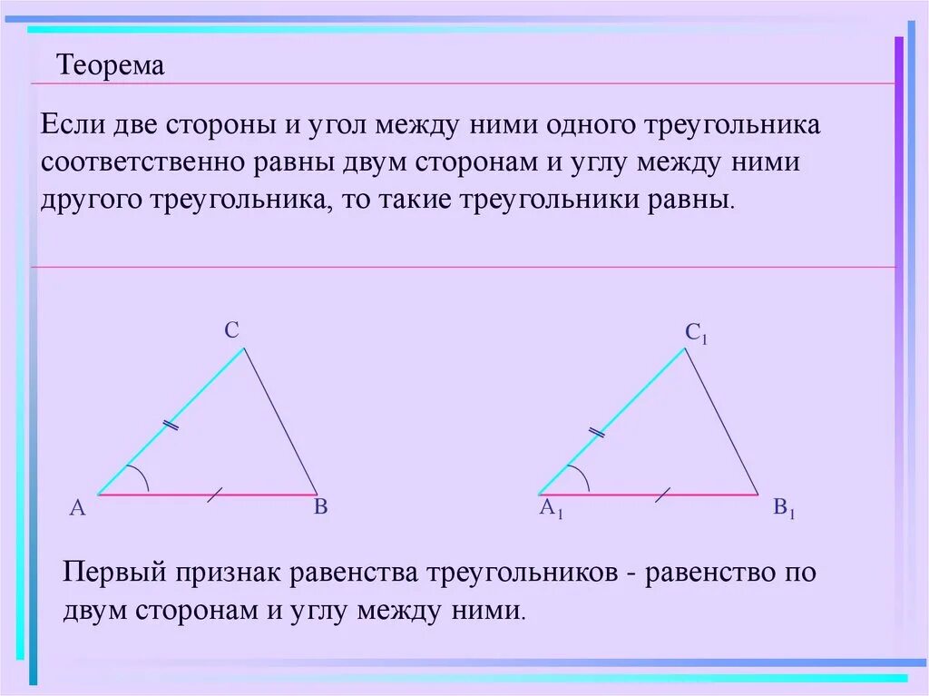 По 2 м сторонам и углу. Признак равенства треугольников по двум сторонам и углу между ними. Теорема о равенстве треугольников по двум сторонам и углу между ними. Треугольники равны по двум сторонам и углу между ними. Две стороны и угол между ними.