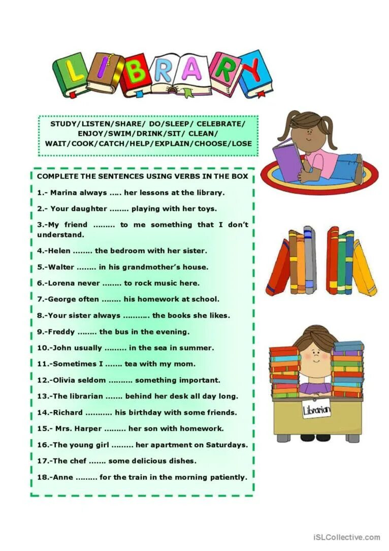 Esl library. Esl collective. library worksheets. esl library worksheets. dialogue in the library.
