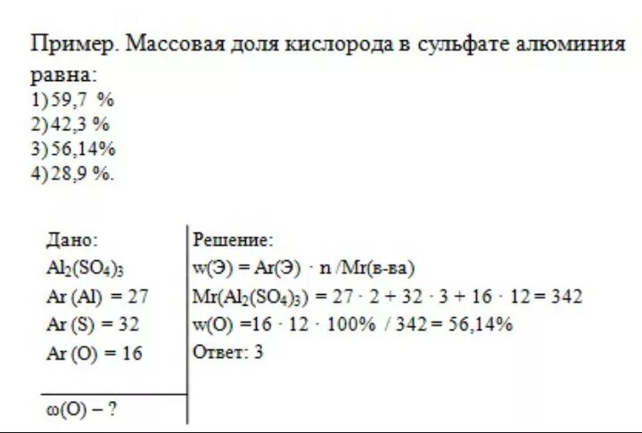 Рассчитайте массовые доли кислорода в оксидах. Вычислите массовую долю серы в Сульфате алюминия. Вычислите массовую долю алюминия в Сульфате алюминия.