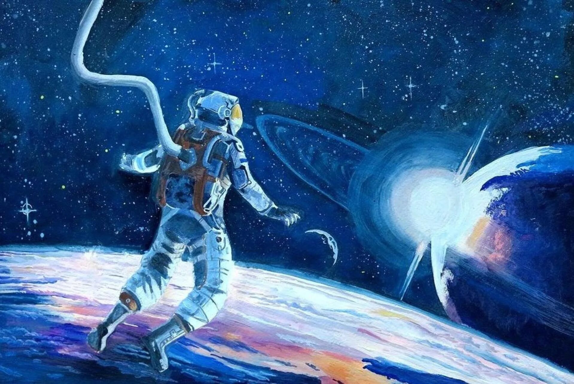 Рисунок на космическую тему. Космическая живопись. Картина космос. Тема космос. Человек в космосе для детей