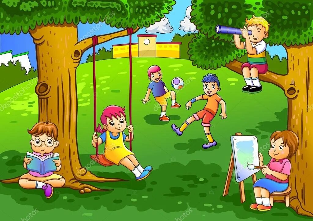 Летний рисунок для детей. Летние игры для детей. Дети летом иллюстрации для детей. Дети в парке.