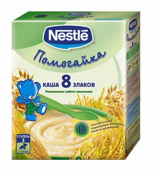 Каша Нестле безмолочная 8 злаков. Каша Нестле безмолочная Помогайка. Nestle Помогайка безмолочная каша. Нестле каша 7 злаков. Каша в 8 месяцев какие