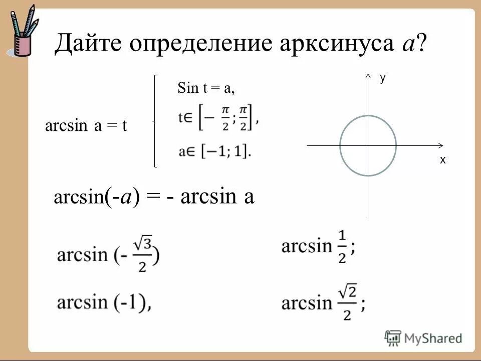 Арксинус через. Производная арксинуса. разность арксинусов.