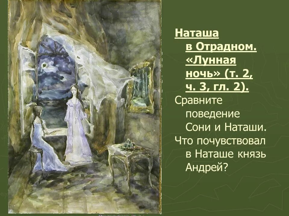 Наташа у постели андрея. Наташа в Отрадном Лунная ночь. Ночь в Отрадном Наташа Ростова. Диалог Наташи ростовой и сони лунной ночью.