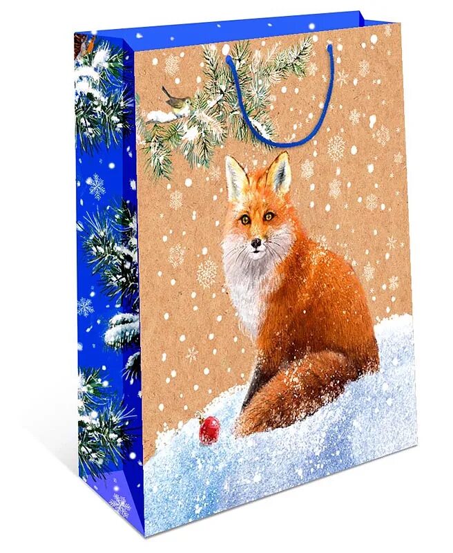 Лиса в бумажном пакете. 3х20 см, голубой/оранжевый. Лис в пакете. Подарочный пакет с лисами. Коробки для конфет новогодн.