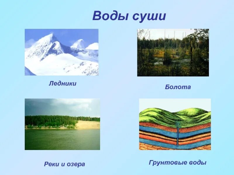 Пример вод суши. Вода суши реки озёра ледники подземные воды. Воды суши. Подземные воды суши. Реки озера болота ледники.