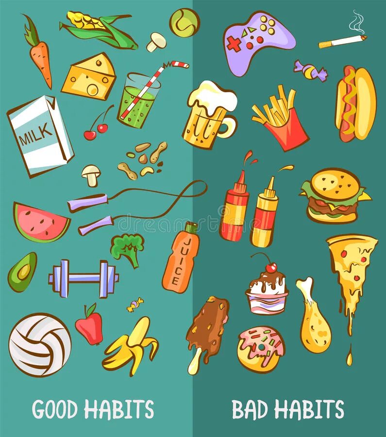 Плохие привычки векторные иллюстрации. Постеры о вредной еде. Хорошие привычки в питании рисунок. Good and bad habits