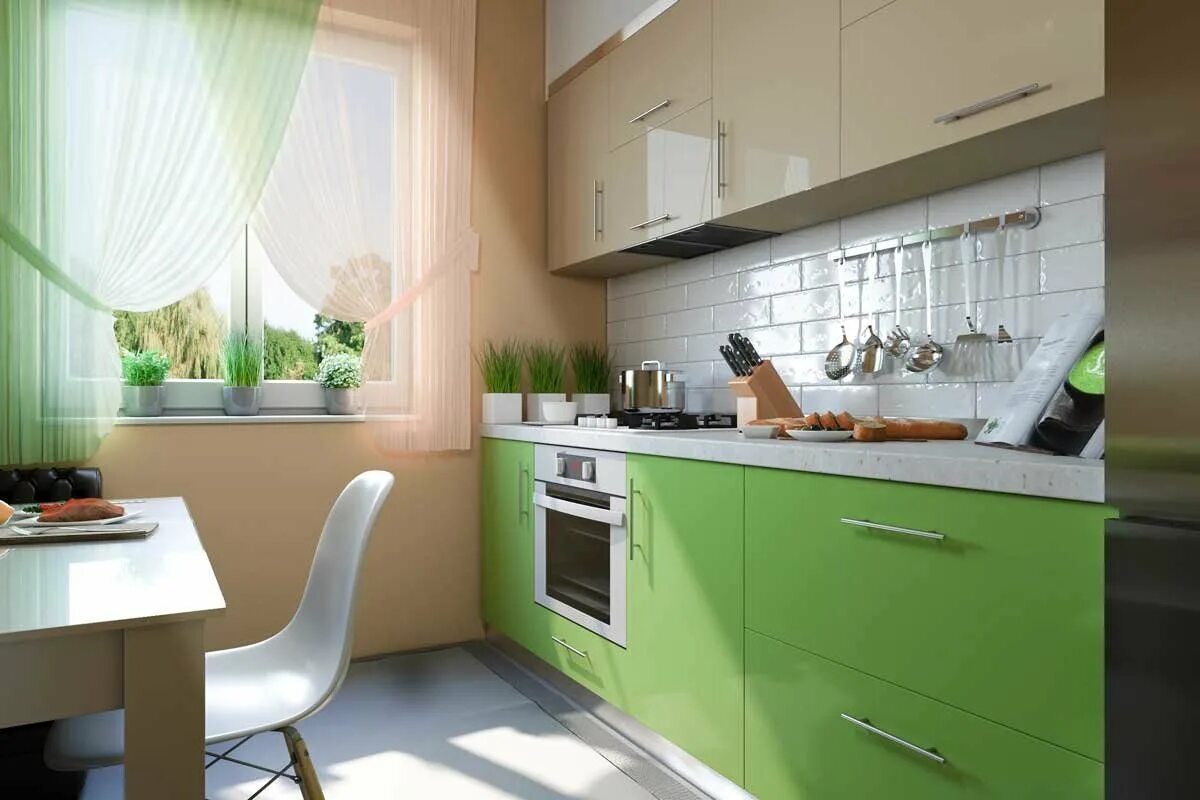 Салатово бежевая кухня