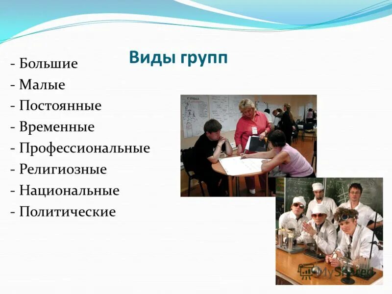 Деятельности различных групп в обществе. Большие и малые группы. Виды ансамблей. Малые и большие коллективы. Виды групп профессиональные конфессиональные.