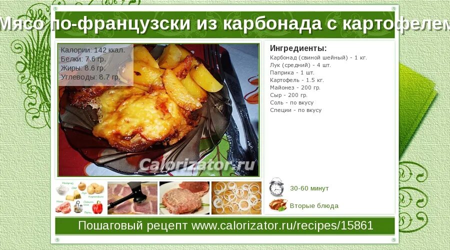 Сколько калорий в мясе по французски