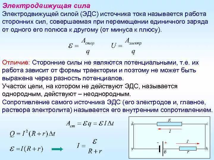 Положение эдс. Формула работы сторонних сил источника тока. эдс силы источника формула. эдс источника тока физика. как определить эдс источника тока в цепи.