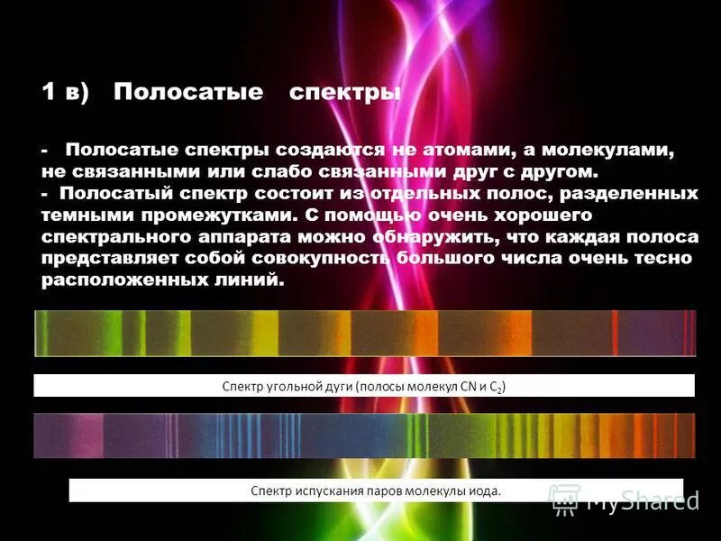 С помощью какого прибора можно получать спектры. Полосатый и линейчатый спектр. Линейчатый спектр полосатый спектр. Полосатый спектр испускания. Сплошной, линейчатый и полосатый спектр излучения.